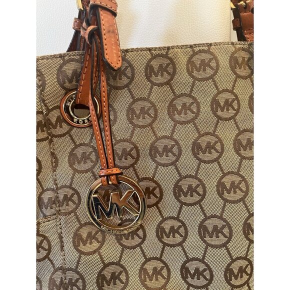 Michael Kors Brown MK Monogram Canvas Shoulder Tote Bag Purse - Picture 9 of 11